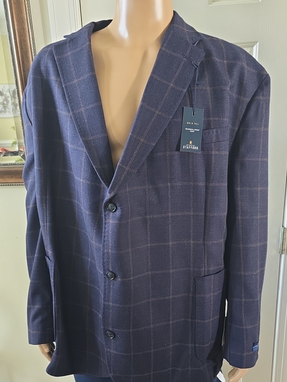 STAFFORD BRAND MEN'S BIG AND TALL BLUE PLAID SPORTS COAT JACKET SIZE 60 REGULAR